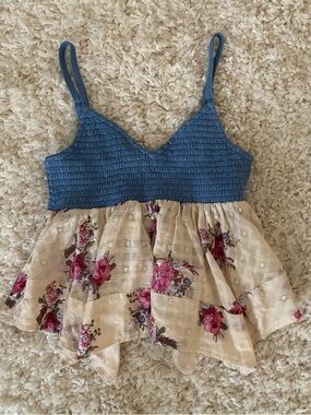 Anthropologie Pilcro Blue Smocked Floral Hanky Top